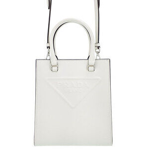 Prada Triangle Logo Leather North South Tote Bag White